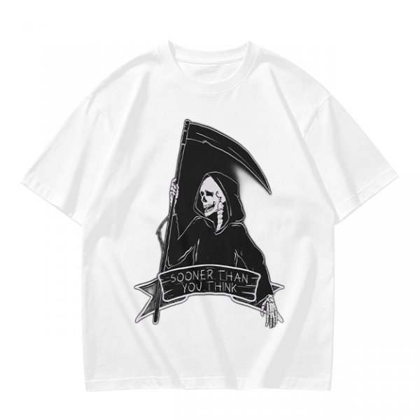 Olive Grim Reaper Graphic T-Shirt With Sooner Than You Think Text