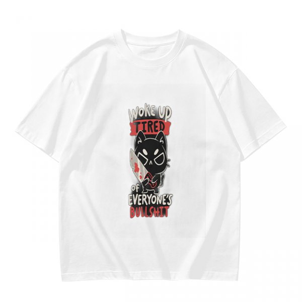 Olive Graphic T-Shirt With Tired Cat Holding Knife Slogan