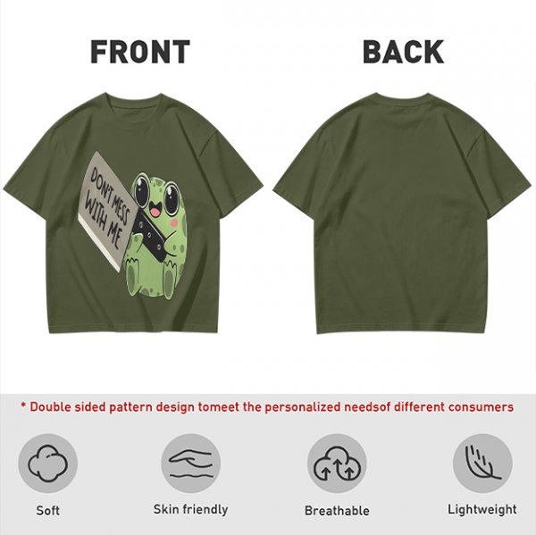 Olive t-shirt with cute frog holding knife and 'Don't mess with me' text