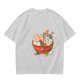 Olive T-Shirt With Cute Cat Ramen Bowl Graphic Print