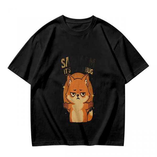 Olive green t-shirt with grumpy fox offering a hug graphic