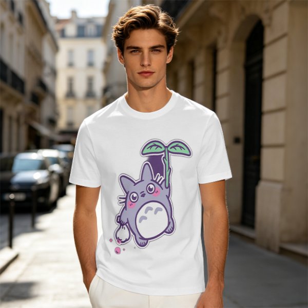 Olive T-Shirt With Cute Chibi Totoro Holding Leaf Print