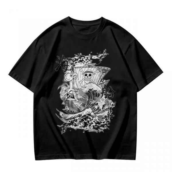 Olive T-shirt with One Piece Going Merry Ship Ink Art Print