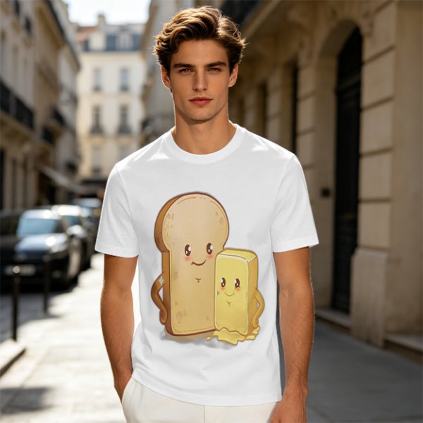 Olive T-Shirt With Cute Cartoon Bread And Butter Graphic