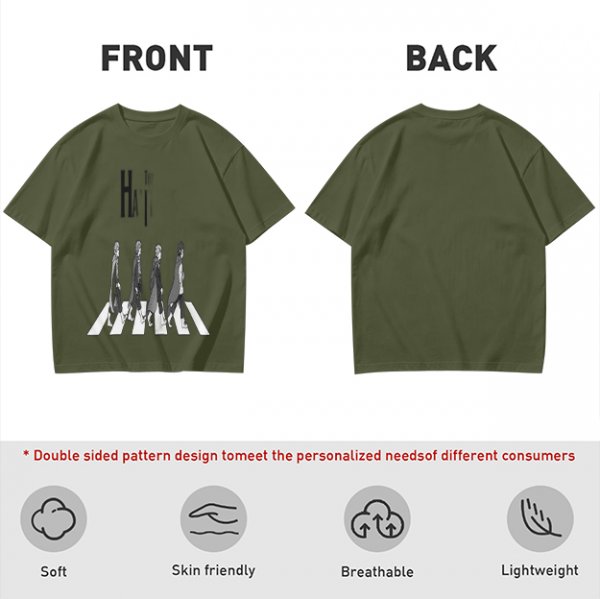Olive T-Shirt With Anime Characters Crossing Crosswalk Print