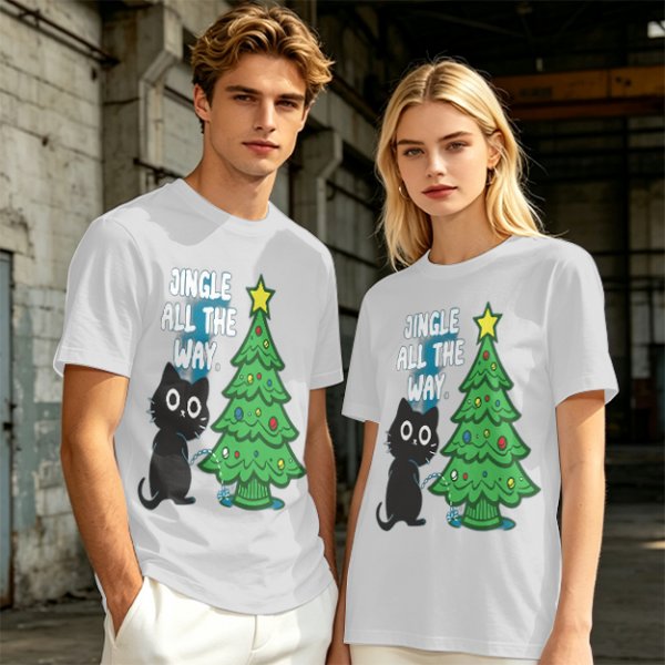 Olive Christmas Cat T-Shirt with Jingle All The Way Print