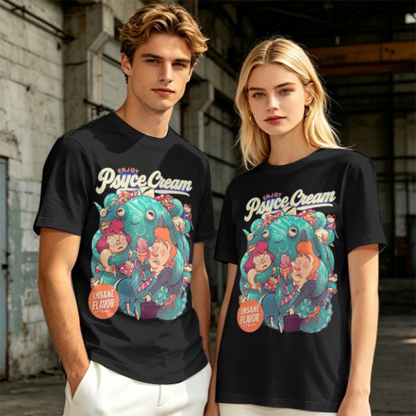 Psyce Cream Insane Flavor Graphic Tee with Whimsical Monster and Characters