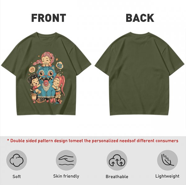 Olive T-Shirt With Cute Chibi Monster And Girls Graphic Print