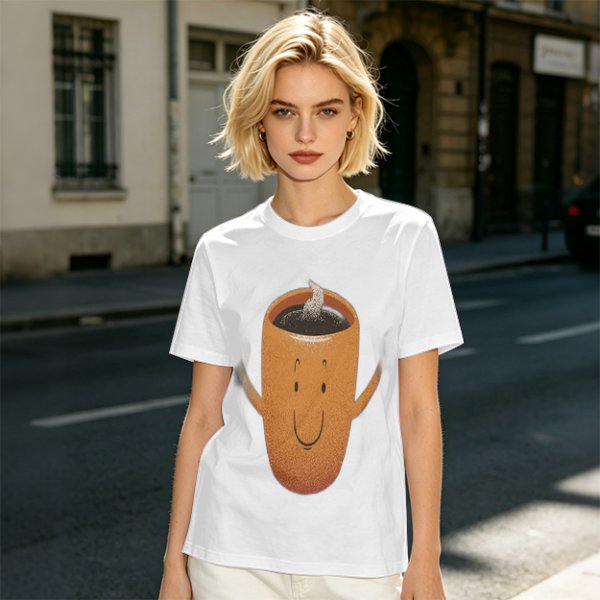 Olive Green T-Shirt With Happy Steaming Coffee Cup Graphic