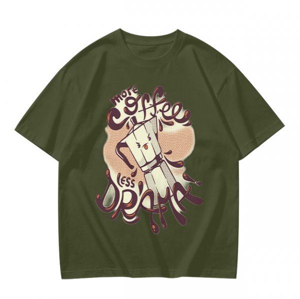 Olive t-shirt with 'More Coffee Less Drama' and moka pot graphic