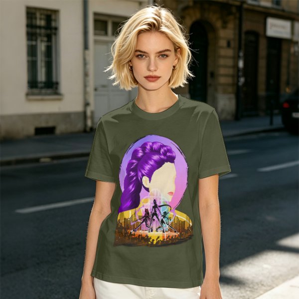 Olive T-Shirt With Purple Haired Woman And Concert Stage Print