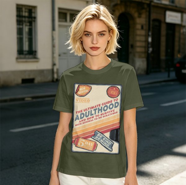 Olive t-shirt with retro guide to adulthood VHS-style print
