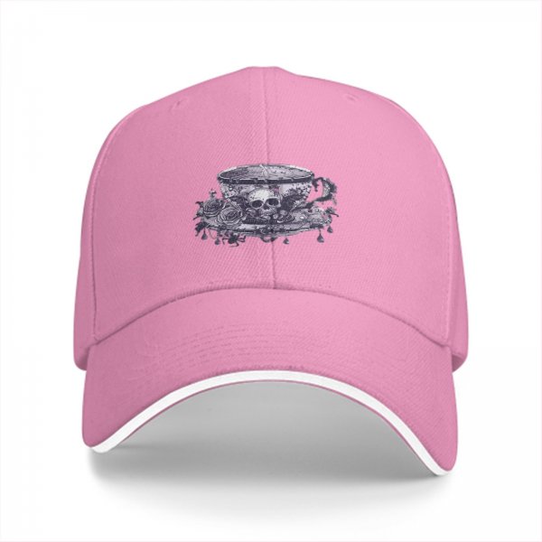 Black baseball cap with gothic teacup skull and rose print