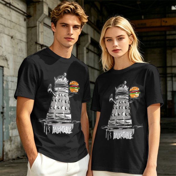 Olive t-shirt with Dalek holding burger and 'It's Dalektable' print