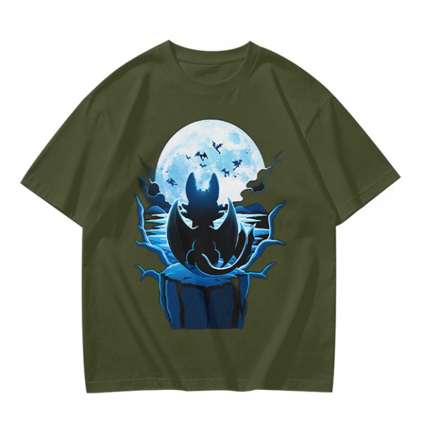 Olive T-Shirt Featuring Dragon Silhouette Under Full Moon