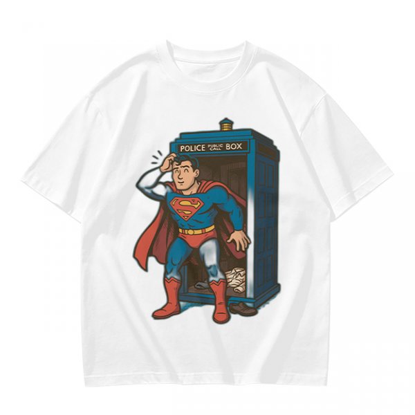 Olive T-shirt with Superman emerging from TARDIS police box graphic