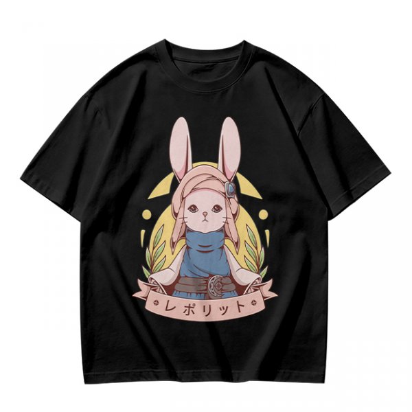 Olive T-shirt with Cute Rabbit Character and Japanese Text Print