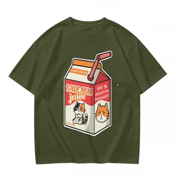 Olive green t-shirt with sarcasm juice carton and grumpy cat print