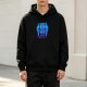 Black hoodie with blue Cheshire cat and silhouetted figures graphic