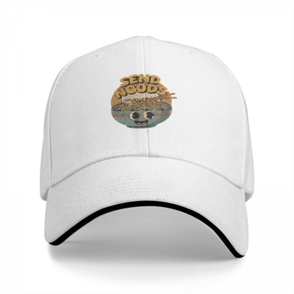 Black baseball cap with retro 'Send Noods' ramen bowl graphic