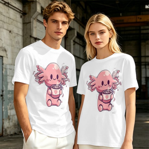 Olive T-Shirt With Cute Axolotl Holding Hot Drink Print