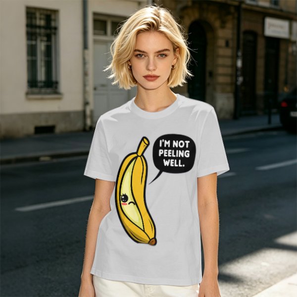 Olive T-shirt with sad banana graphic reading I'm not peeling well
