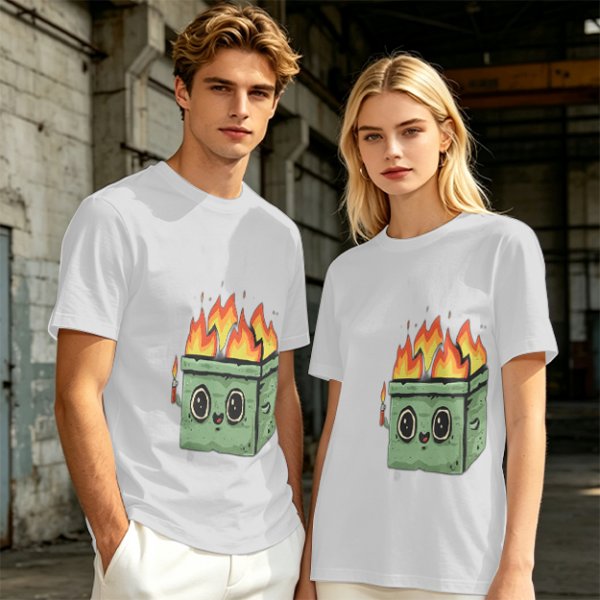 Olive green t-shirt with a cartoon burning box graphic