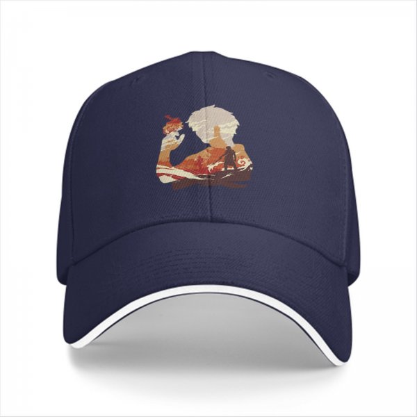 Black baseball cap with anime silhouette graphic of two characters