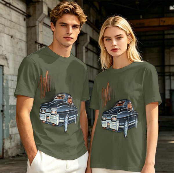 Olive Green Graphic T-Shirt with Classic Dark Car and Orange Text Print