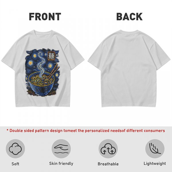 Olive t-shirt with starry night ramen bowl graphic