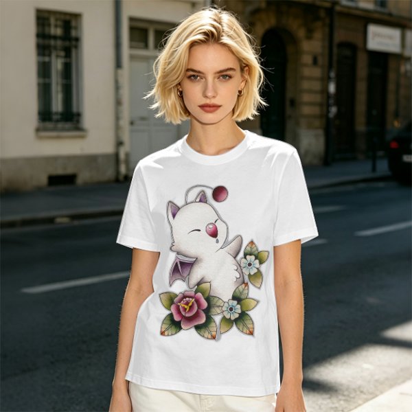 Olive T-Shirt Featuring Cute Fantasy Creature and Floral Art