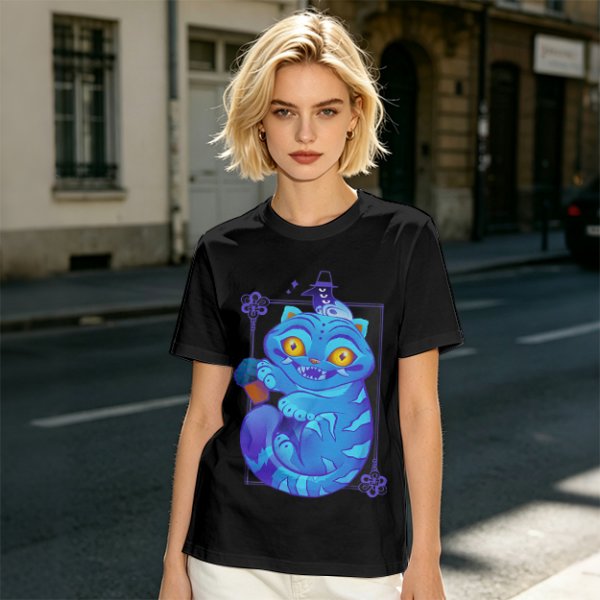 Olive T-Shirt With Cheshire Cat And Crow Graphic Print