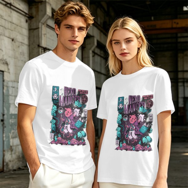 Olive green graphic tee with neko necromancer cat wizard art