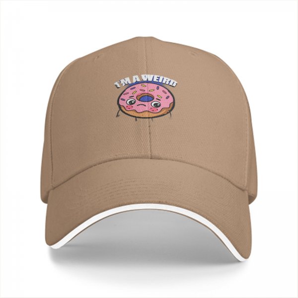 Black baseball cap with sad donut graphic and 'I'M A WEIRD' text