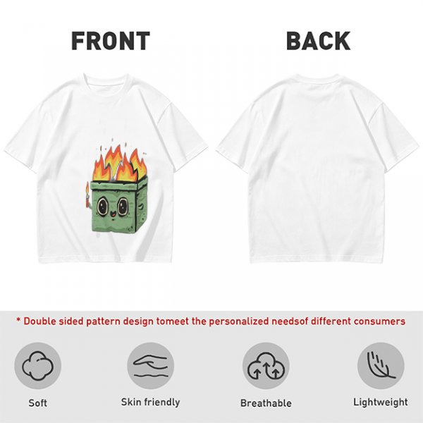 Olive green t-shirt with a cartoon burning box graphic