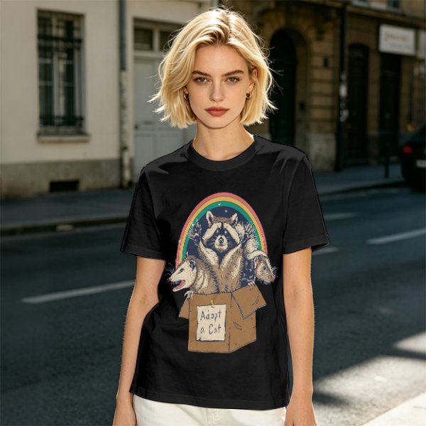 Olive T-Shirt With Raccoon Opossum Adopt A Cat Rainbow Print