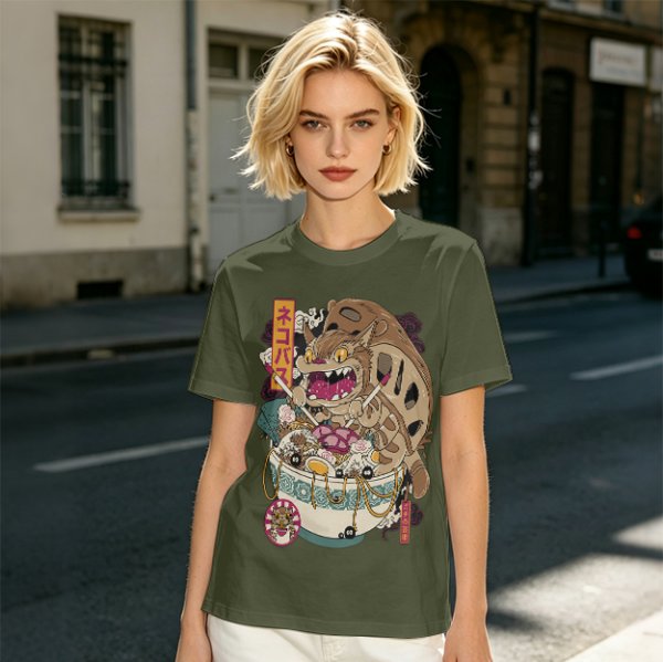 Olive t-shirt with cat bus ramen bowl graphic print