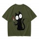 Olive T-shirt with a black cartoon cat holding a bloodied knife