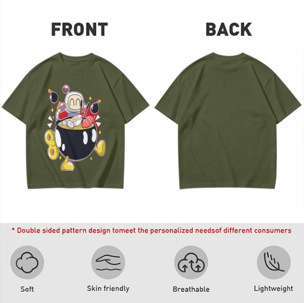 Olive T-shirt with Bomberman Character Eating Ramen Print