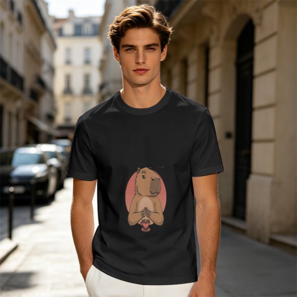 Olive Green T-Shirt With Cute Praying Capybara Graphic