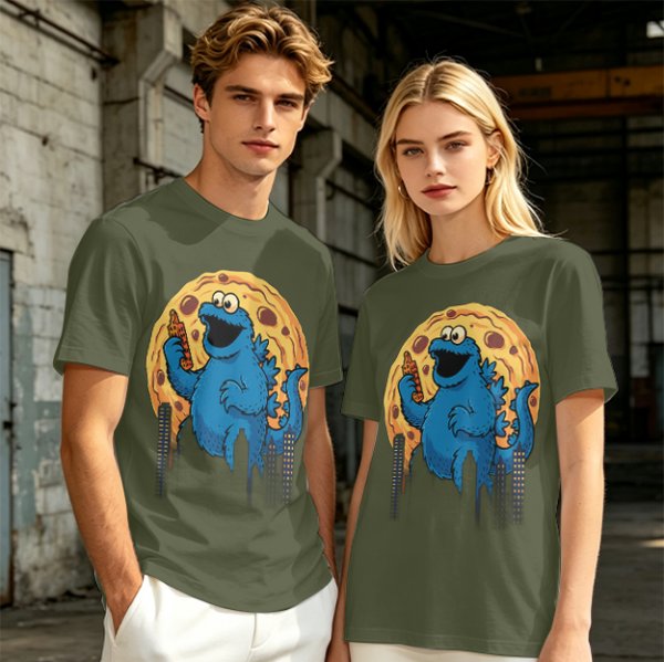 Olive T-Shirt Featuring Giant Cookie Monster Holding Cookie Against Moon