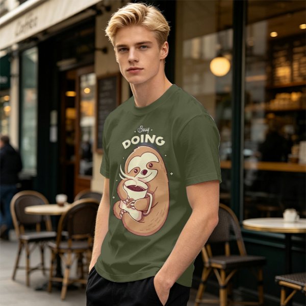 Olive green sloth t-shirt with 'Busy Doing' coffee graphic