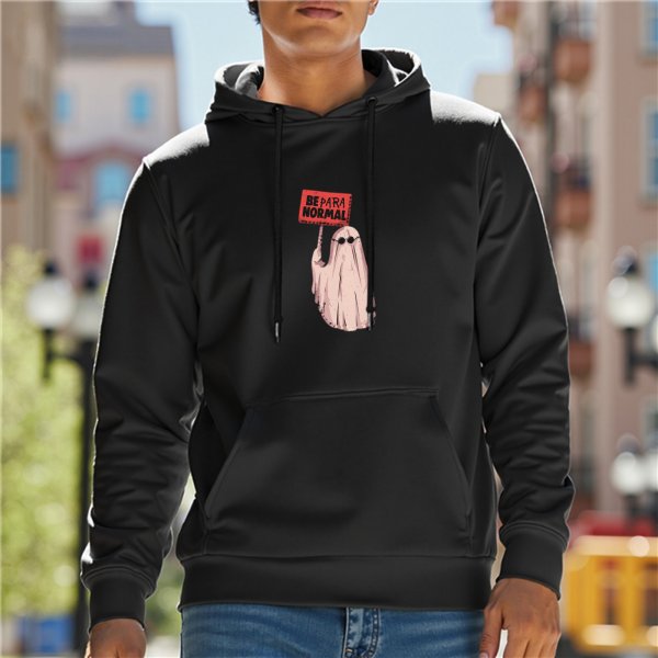 Black hoodie with a ghost holding a 'Be Paranormal' sign