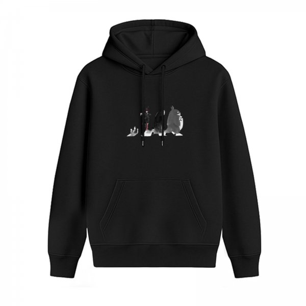 Black hoodie with stylized character graphic print