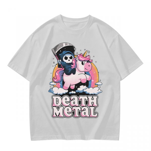 Olive t-shirt with cute grim reaper riding unicorn and death metal graphic