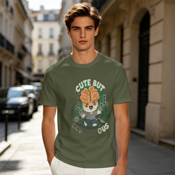 Olive t-shirt with cute brain character and 'Cute But Ous' print