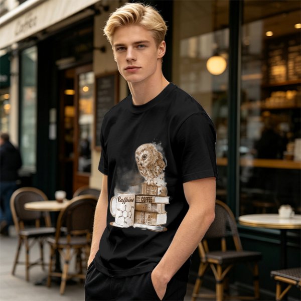 Owl on coffee books and caffeine mug graphic t-shirt