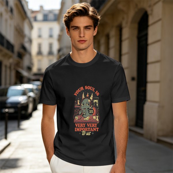 Olive t-shirt with devil call center graphic and 'Your Soul Is Very Important To Us' text
