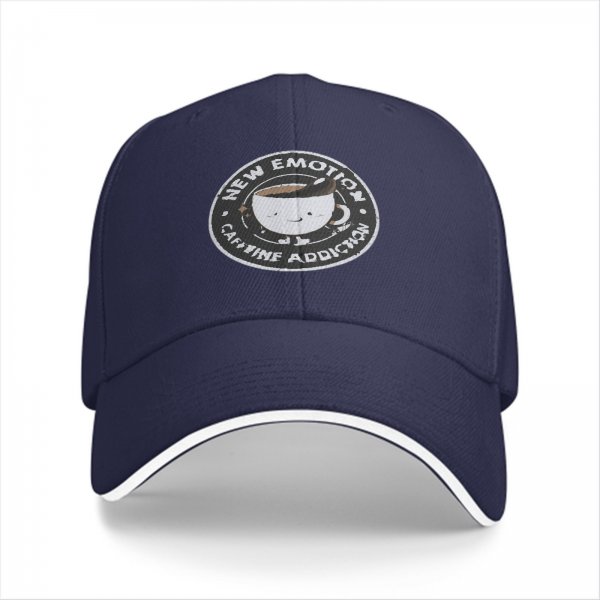 Black baseball cap with 'New Emotion Caffeine Addiction' coffee cup graphic
