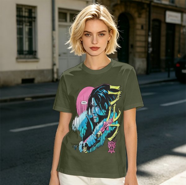 Olive T-shirt with Anime Vampire Hunter Character Graphic